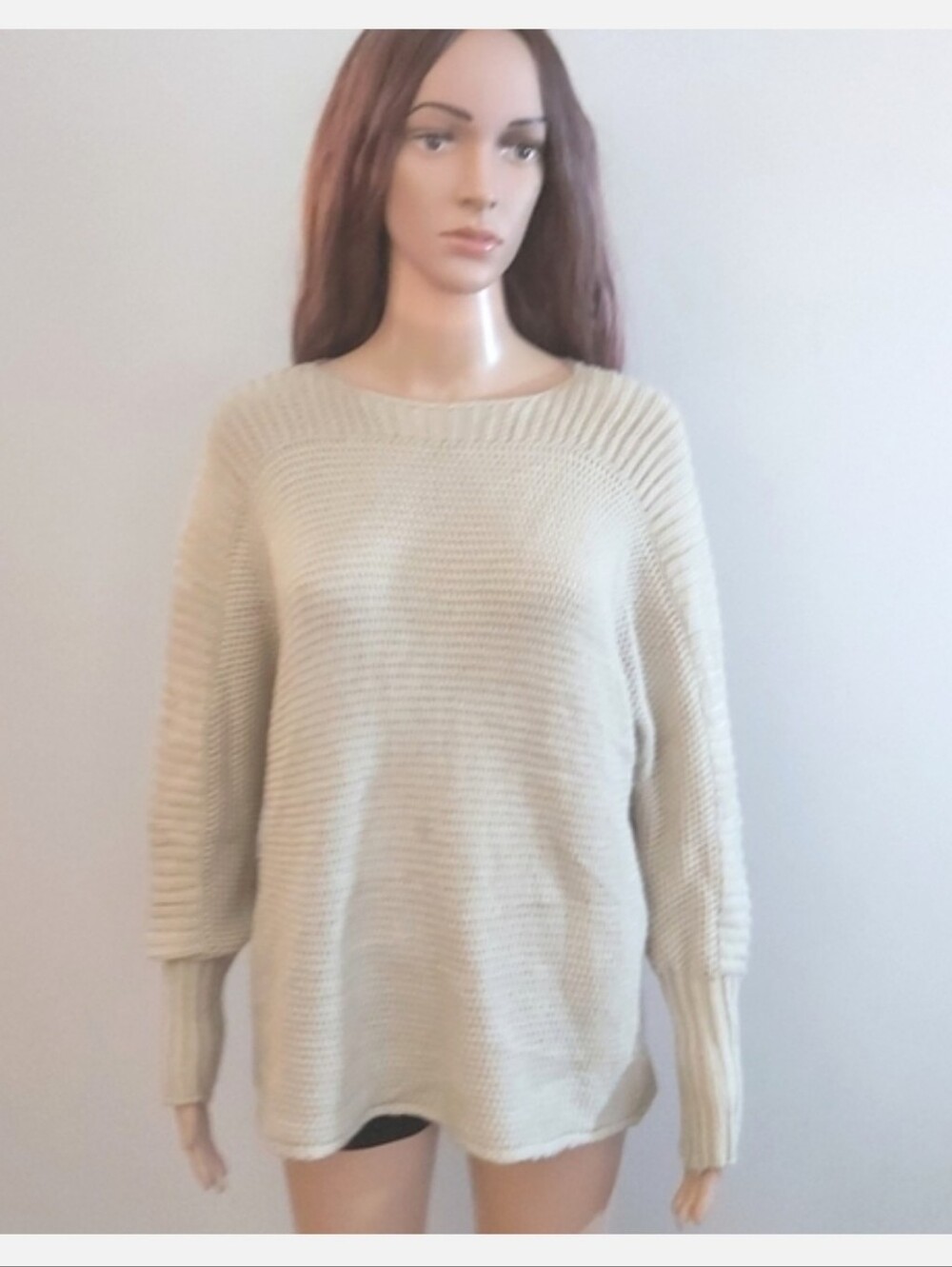 CCK Women's Cream Ribbed Knit Sweater Top Crewneck Beige Tan Wool Blend